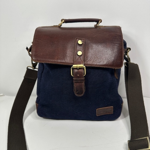 The Burlap People Shoulder Bag Navy Blue Burlap, Brown Leather - Picture 1 of 13